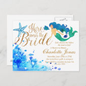 海の下の青い水色の甘い人魚の黄金の文字 インビテーションポストカード (正面/裏面)