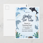 海の下の青い海のイルカの誕生日 ポストカード (正面/裏面)