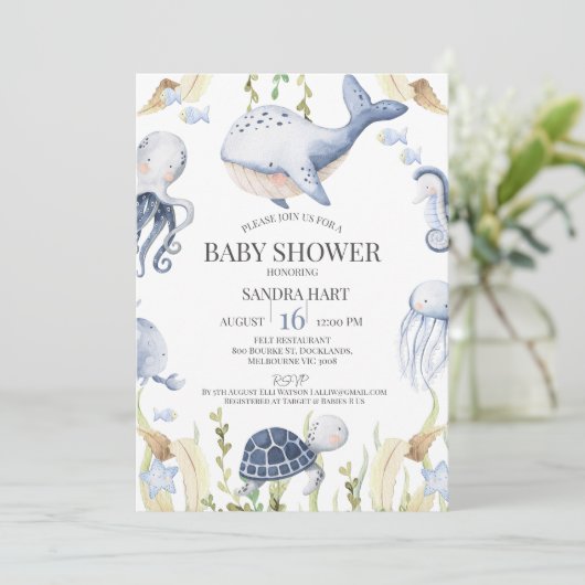 海の下の青い男の子の男の子の赤ちゃんシャワー 招待状 (スタンド正面)