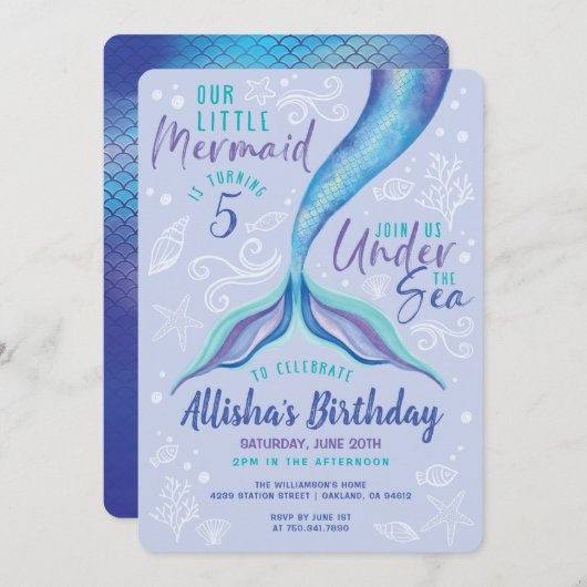 海の下の青い虹彩の水彩人魚 招待状 (正面/裏面)