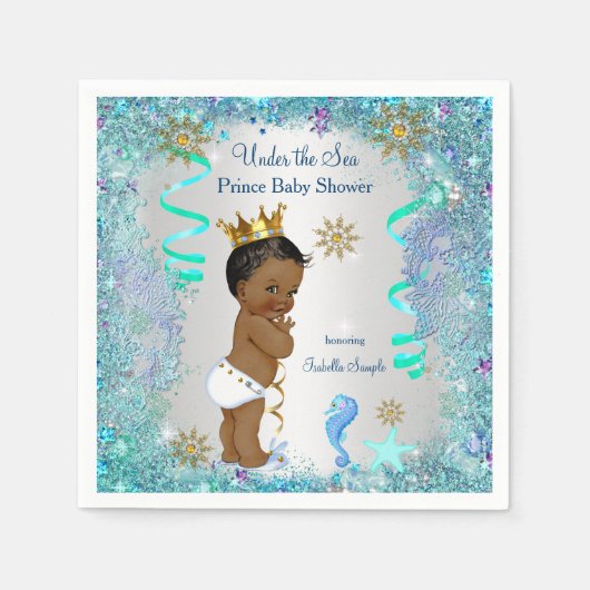 海の下の青い金ゴールド王子の赤ちゃんシャワーエスニック スタンダードカクテルナプキン (正面)