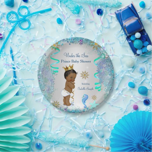 海の下の青い金ゴールド王子の赤ちゃんシャワーエスニック ペーパープレート (パーティー)