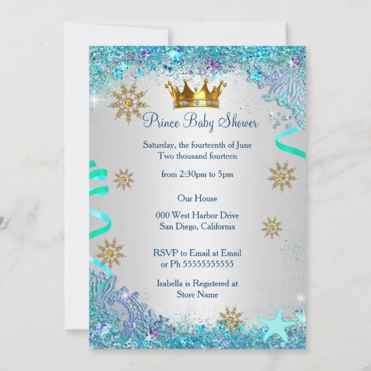 海の下の青い金ゴールド王子の赤ちゃんシャワーエスニック 招待状 (裏面)
