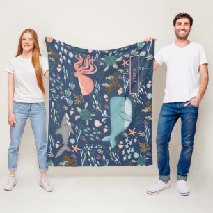 海の下の青サンゴのタコ鯨のサメの名前 フリースブランケット