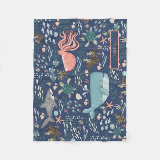 海の下の青サンゴのタコ鯨のサメの名前 フリースブランケット (正面)
