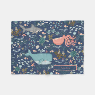 海の下の青珊瑚海のタコクジラの名前 フリースブランケット