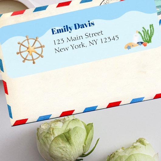 海の下の青男の赤ちゃんシャワーシップ舵 ラベル