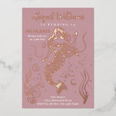 海の下の魅惑的なピンクの人魚誕生日 箔招待状 (正面)