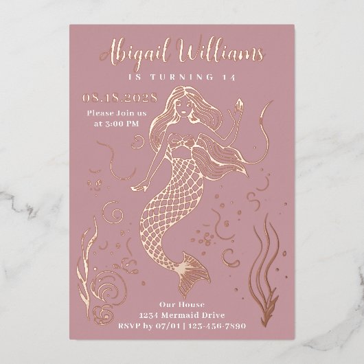 海の下の魅惑的なピンクの人魚誕生日 箔招待状 (正面)