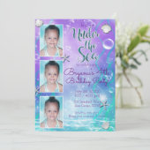 海の下の魔法の世界 パープル ティール 3 枚の写真のパーティー 招待状 (スタンド正面)