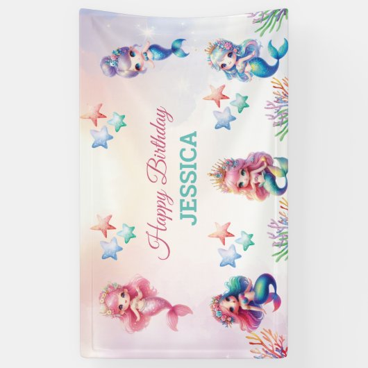 海の下の魔法の人魚誕生日写真 横断幕 (縦)
