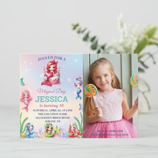 海の下の魔法の人魚10誕生日の写真 招待状 (スタンド正面)