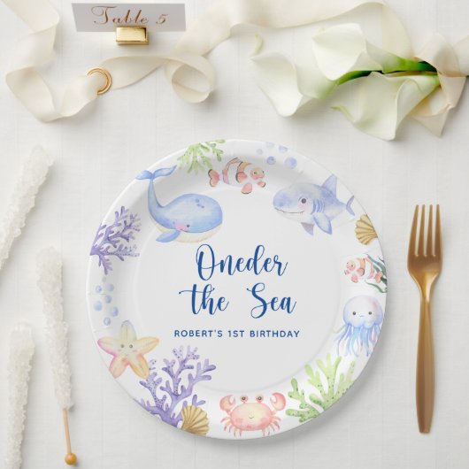 海の下の1歳の誕生日 Oneder The Sea ペーパープレート (ウェディング)