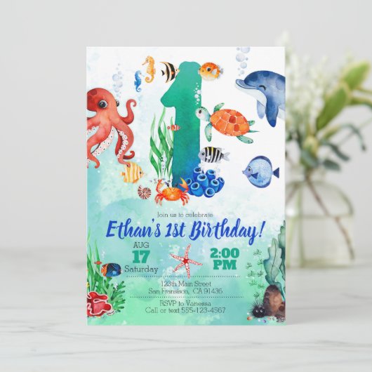 海の下の1歳誕生日パーティーの招待状 招待状 (スタンド正面)
