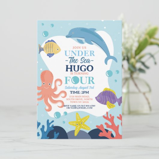 海の下の4つの海のイルカとタコのお祝い 招待状 (スタンド正面)