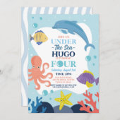 海の下の4つの海のイルカとタコのお祝い 招待状 (正面/裏面)