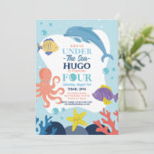 海の下の4つの海洋のイルカとタコのお祝い 招待状 (スタンド正面)