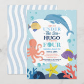 海の下の4つの海洋のイルカとタコのお祝い 招待状 (正面/裏面)