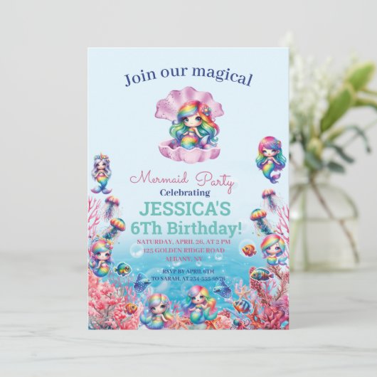 海の下のMermaid 6誕生日の写真 招待状 (スタンド正面)