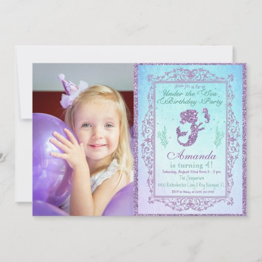 海の下のPHOTOマーメイドプールパーティー誕生日 招待状 (正面)