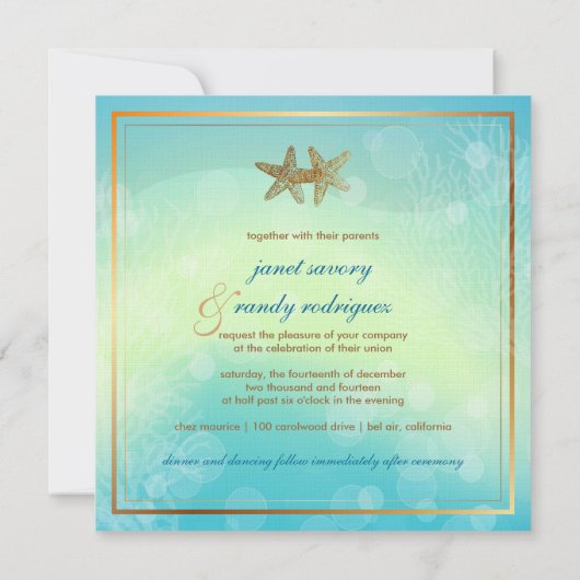 海の下のPixDezines/ビーチ+スターフィッシュ+サンゴ 招待状 (裏面)