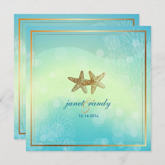 海の下のPixDezines/ビーチ+スターフィッシュ+サンゴ 招待状 (正面/裏面)