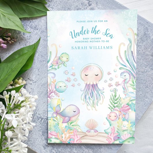 海の下のQRコード青い水の色の赤ちゃんシャワー 招待状