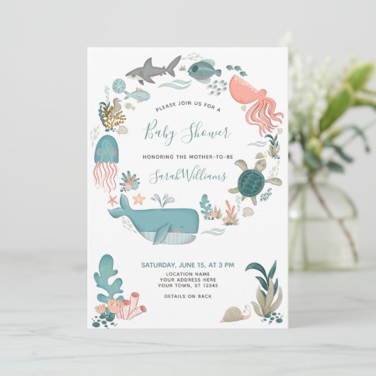 海の下のQRコード青い水の色の赤ちゃんシャワー 招待状 (スタンド正面)