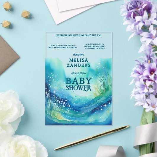 海の下男の赤ちゃんかわいい水の色の泡 アクリル招待状 (インサイチュ (ウェディング))