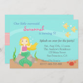 海の下、かわいい人魚の女の子の誕生会 招待状 (正面/裏面)