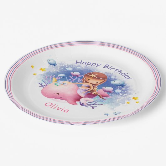 海の下,かわいい人魚の誕生日 ペーパープレート (アングル)