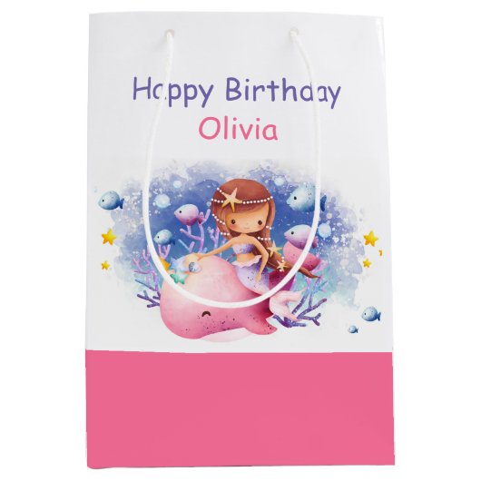 海の下，かわいい人魚の誕生日 ミディアムペーパーバッグ (正面)