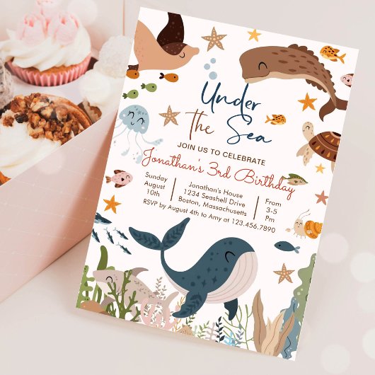 海の下 クジラ サメ カメ 海の生き物 誕生日 招待状