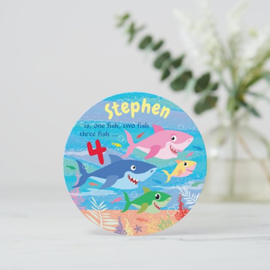 海の下,サメの4歳の誕生日パーティー 招待状 (スタンド正面)