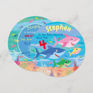 海の下，サメの4歳の誕生日パーティー 招待状