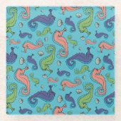 海の下 – シーホースよくはしゃぐとシェルパターン ガラスコースター (正面)