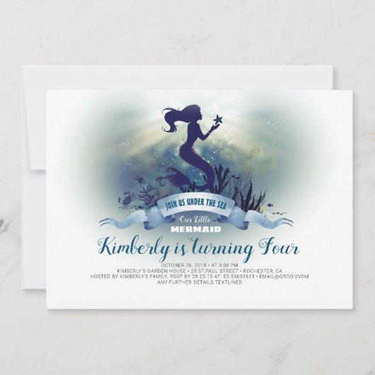 海の下 – マーメイドとヒトデの誕生日 招待状 (正面)