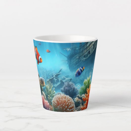 海の下，亀，サンゴ，船，ピエロ魚 カフェラテマグ (正面)
