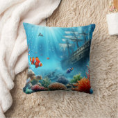 海の下，亀，サンゴ，船，ピエロ魚 クッション (ブランケット)