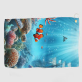 海の下，亀，サンゴ，船，ピエロ魚 ゴルフタオル (横)