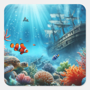 海の下,亀,サンゴ,船,ピエロ魚 スクエアシール