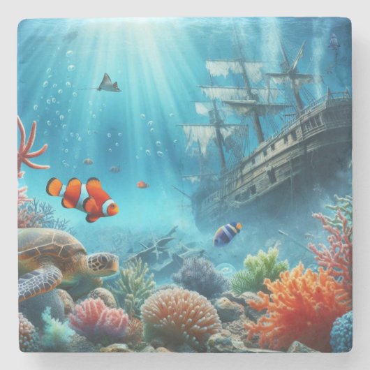 海の下，亀，サンゴ，船，ピエロ魚 ストーンコースター (正面)