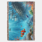 海の下，亀，サンゴ，船，ピエロ魚 スローブランケット (正面縦)