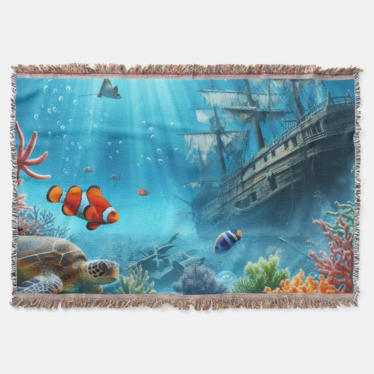 海の下，亀，サンゴ，船，ピエロ魚 スローブランケット (正面)