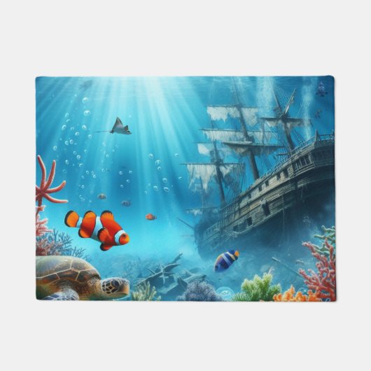 海の下，亀，サンゴ，船，ピエロ魚 ドアマット (正面)