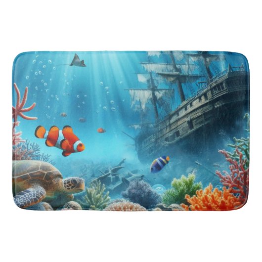 海の下，亀，サンゴ，船，ピエロ魚 バスマット (正面)