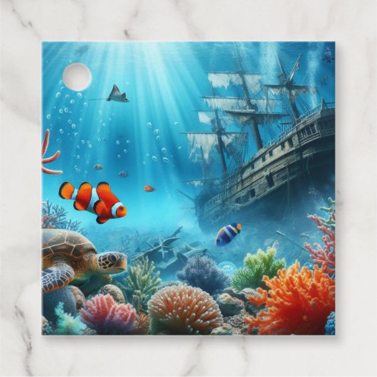 海の下,亀,サンゴ,船,ピエロ魚 フェイバータグ (正面)