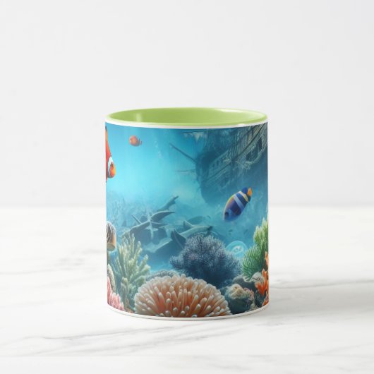 海の下,亀,サンゴ,船,ピエロ魚 マグカップ (中央)