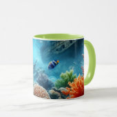 海の下,亀,サンゴ,船,ピエロ魚 マグカップ (正面右)