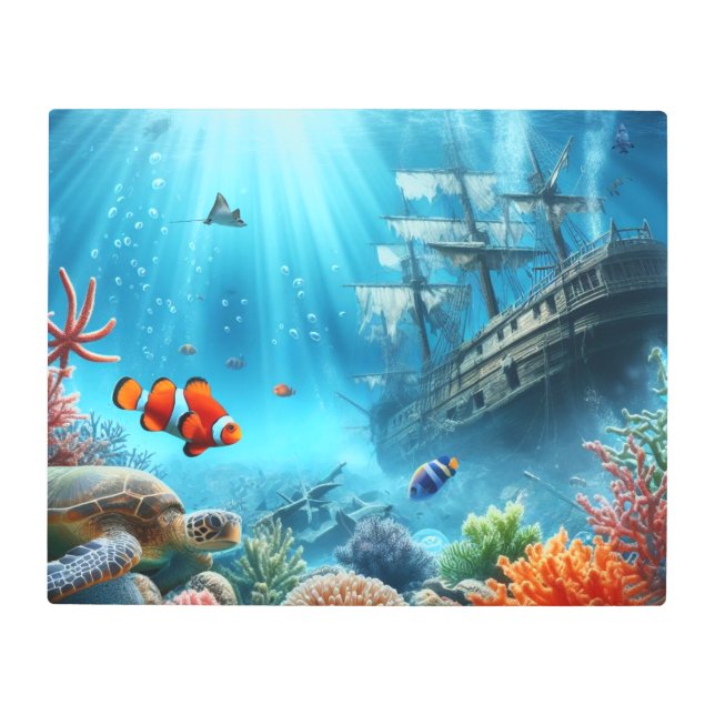 海の下，亀，サンゴ，船，ピエロ魚 メタルプリント (正面)